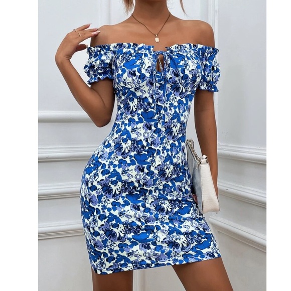 Boho Blue & White Off Shoulder Bodycon Dress - Picture 5 of 5